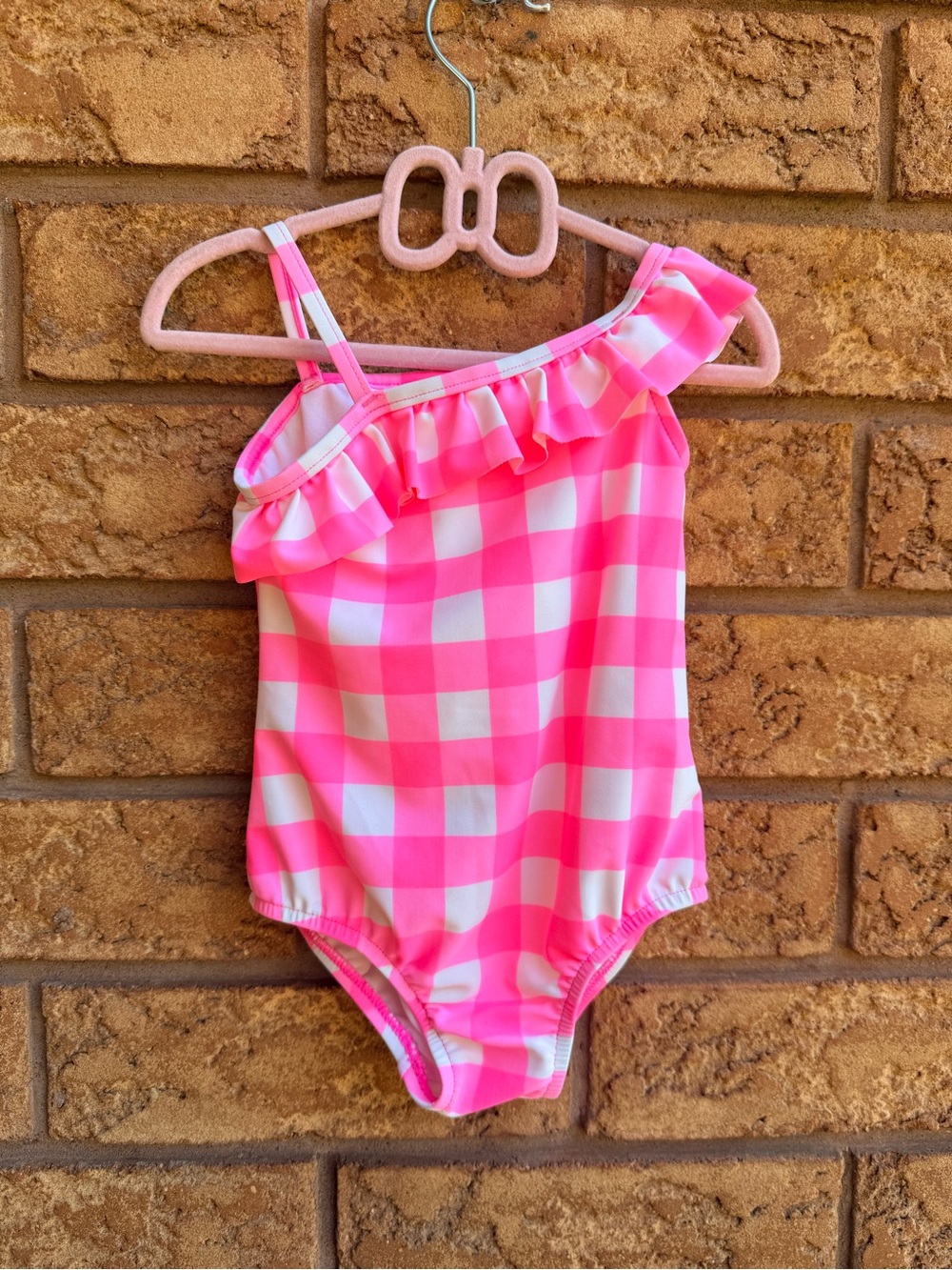4/$25 •‎ Carters Pink & White Gingham Ruffle One Shoulder Bathing Suit